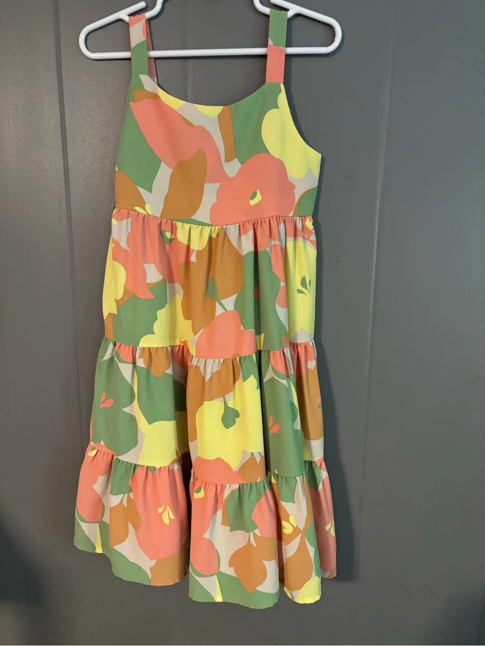 Sleeveless Floral Tiered Kids Dress in Green, Coral & Yellow